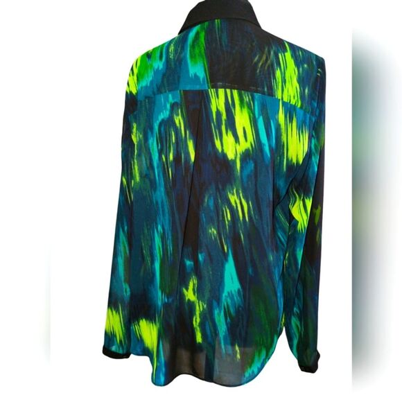 Tahari Sheer Abstract Vibrant colorBlouse Chartreuse turquoise and Black-Size L - Picture 3 of 5